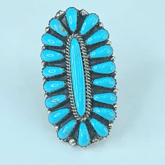Native American Navajo Sterling Silver Kingman Turquoise Cluster Ring JR442